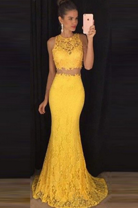 Two Pieces Yellow Lace Evening Prom Dresses, Long Prom Dress, Custom Prom Dresses, Formal Prom Dresses