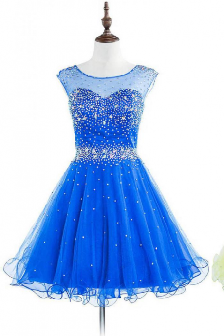 Royal Blue Open Back Prom Dresses With Sparkle Beads, Illusion Mini Homecoming Dresses, Short Tulle Prom Dresses