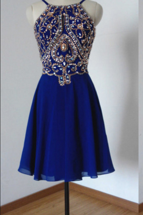 Fabulous Beaded Short Prom Dresses, Backless Halter Chiffon Homecoming Dresses, Royal Blue Mini Prom Dress