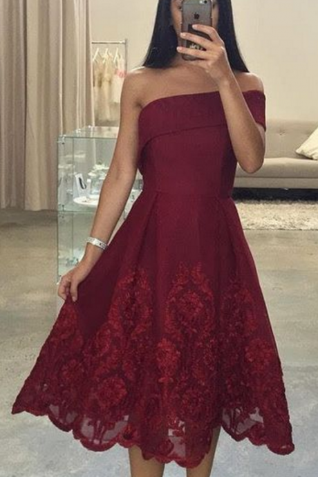 Off-the-shoulder Tea-length Homecoming Dress Asymmetric Burgundy Prom Dresses