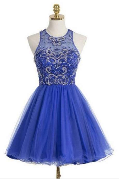 Royal Blue Short Tulle Homecoming Dress Featuring Beaded Embellished Halter Neck Bodice