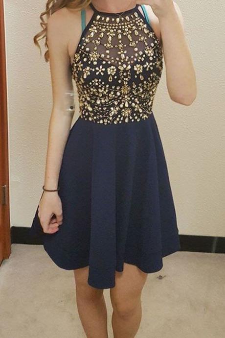 Short Prom Dresses,navy Blue Homecoming Dress,a-line Prom Dresses,beaded Homecoming Dresses,halter Homecoming Dresses,party Gowns