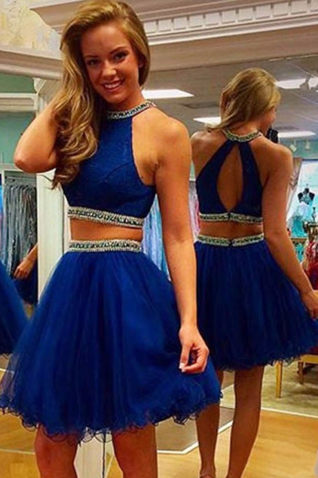 2 Pieces Prom Dress Short Puffy Homecoming Dresses Beaded Halter Royal Blue Graduation Gowns