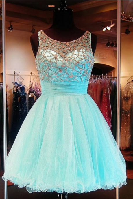 Shining A-line Homecoming Dresses Short Tulle Top Beaded Sequined Mini Short Backless Party Dresses