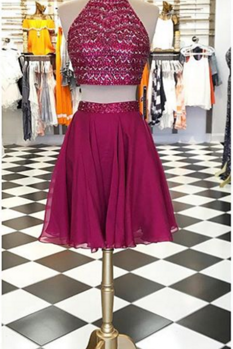 Short ,sparkly Two Piece Short Prom Dress Homecoming Dress, Beads Two Piece Maroon Short Prom Dress Homecoming Dress
