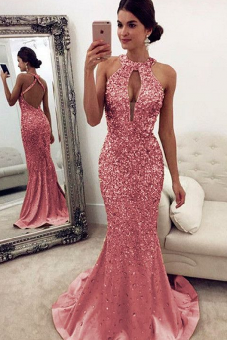 Luxurious Crystal Beaded Prom Dresses,halter Open Back Mermaid Evening Dresses ,pink Prom Dresses,evening Gowns ,prom Dresses, Evening Gowns