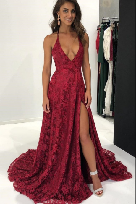 Charming A-line Halter Split Front Burgundy Lace Long Prom/evening Dress
