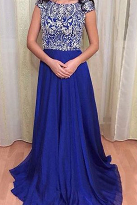 Royal Blue Chiffon Cap Sleeves Floor Length Open Back Paty Dress Prom Gown With Fully Beaded Bodice