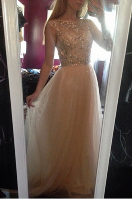 Cap Sleeves V Back Champagne Floor Length Prom Dress With Beaded Bodice