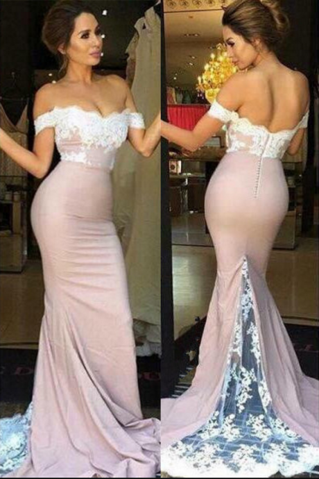 Off-shoulder Lace Bodice And Satin Skirt Mermaid Evening Dress Prom Gown With Sheer Lace Train
