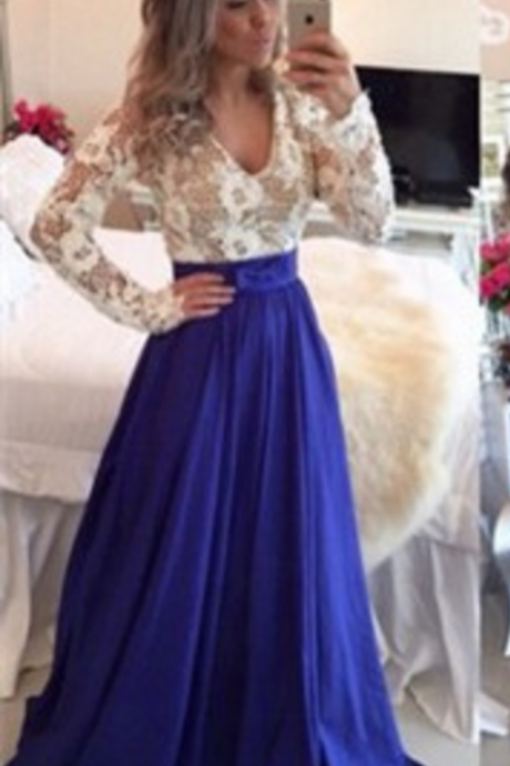 Women's Fashion Long Sleeves V-neck Lace Bodice And Chiffon Skirt Spring Dress