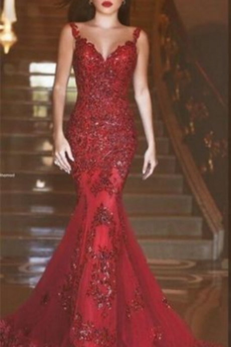 Red Mermaid Sequins Lace Long Prom Dress,red Evening Gown