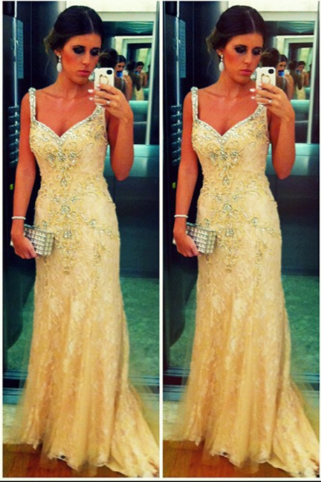 Light Yellow Prom Dress With Pearls Beads