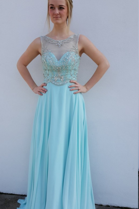 Light Blue Long Beaded Prom Dress With Open Back