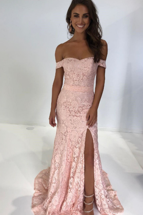 Simple Pink Lace Off Shoulder Prom Dress,split Sweep Train Evening Dress