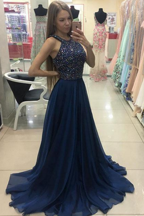 Simple Dark Blue Long Chiffon Beaded Long Prom Dress,halter A-line Evening Dress