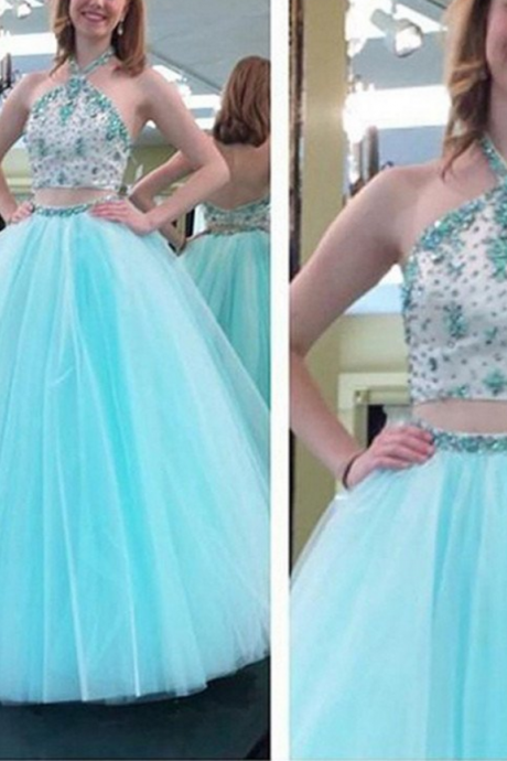 Charming Prom Dress,two Pieces Prom Dress,halter Prom Dress,beading Evening Dress