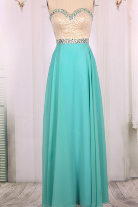 A Line Sweetheart Beaded Chiffon Long Turquoise Prom Dresses Gowns, Formal Evening Dresses