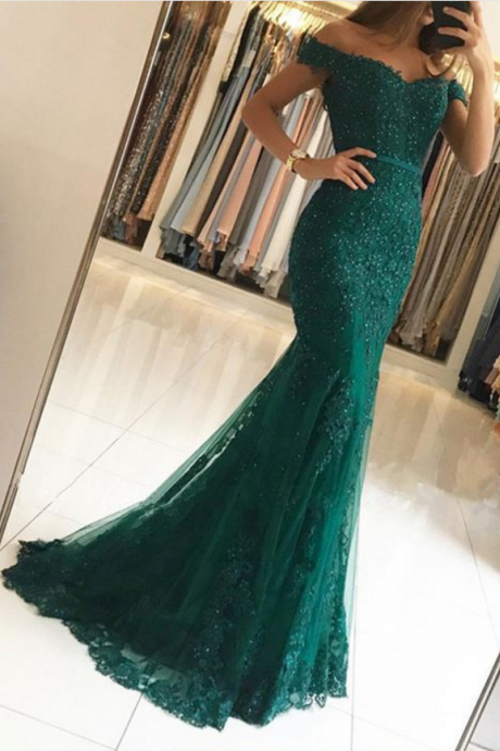 Dark Green Lace Prom Dresses,off The Shoulder Evening Gowns,emerald Green Prom Dress,mermaid Prom Dresses