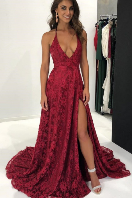 Charming A-line, Halter Split Front ,burgundy Lace Long Prom/evening Dress,sexy Party Dress,custom Made Evening Dress