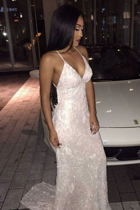 Mermaid White Prom Party Dresses, Deep V-neck Evening Gowns, Backless Party Dresses, Sexy Prom Dresses With Beading