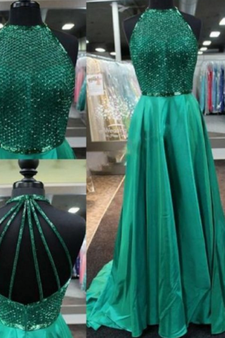 ,delicate Round Neck Sweep Train Emerald Backless Prom Dress With Beading