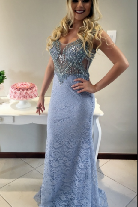 Charming Blue Mermaid Evening Dress, Sexy Open Back Lace Long Prom Dress With Crystal And Beading, Formal Gown