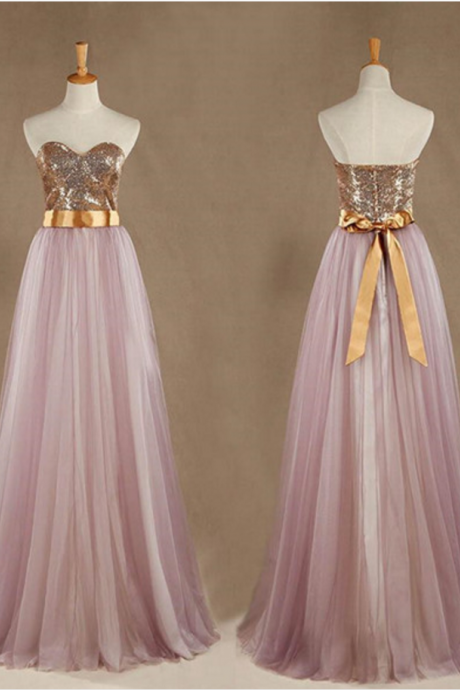 Sequins And Pink Tulle Long Prom Dresses , Sweetheart Bridesmaid Dresses, A-line Formal Dress With Bow, Party Dresses