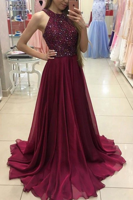 Fashion A-line Halter Neck Beaded Long Prom Dress ,formal Gowns ,evening Dresses
