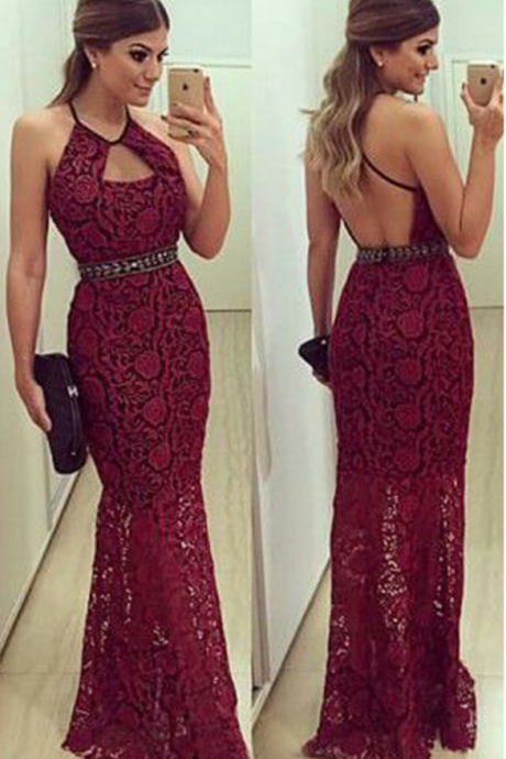 Fashion Lace Beaded Halter Prom Dresses,long Prom Dresses ,sexy Long Formal Dress