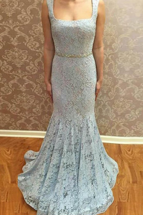 Mermaid Prom Dresses,square Neck Prom Dress,blue Prom Dresses,lace Prom Dress With Beading,long Prom Gown
