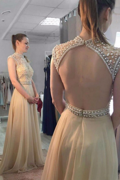Pearl Embellished Crew Neck Sleeveless Floor Length Chiffon A-line Prom Dress Featuring Open Back, Formal Dress