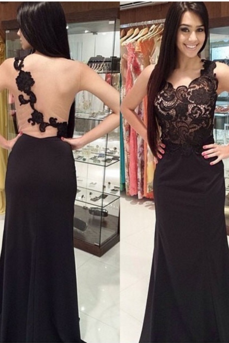 Black Mermaid Lace Prom Dress Party Dress - Tulle Illusion Back With Lace Applique