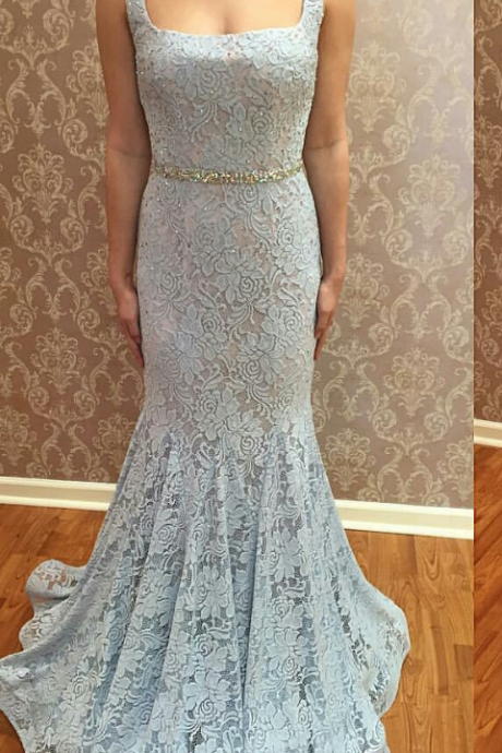 Square Neckline Floor Length Lace Evening Dress Prom Gown