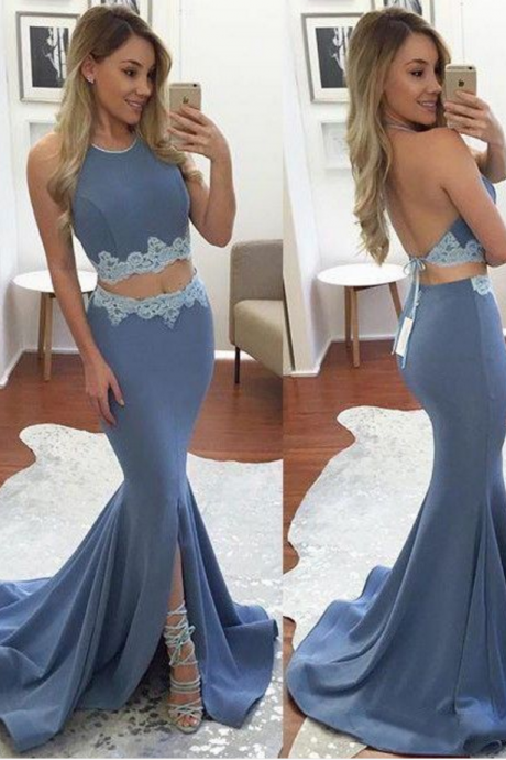 Two Pieces Evening Dresses,sexy Lace Top Slit Prom Dress,long Prom Dresses,formal Gown