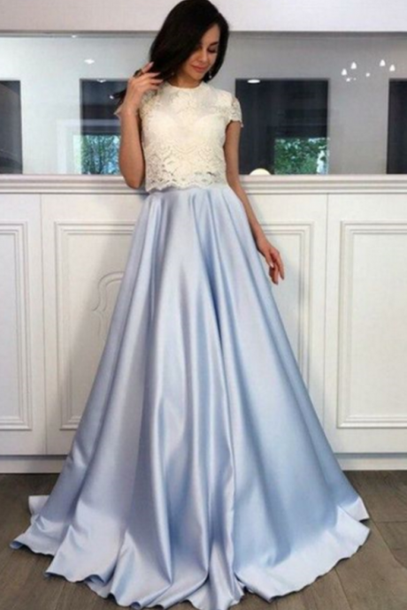 A-line Round Neck Short Sleeves Sweep Train Light Sky Blue Satin Prom Dress With Lace,sexy Formal Evening Dress,custom Made