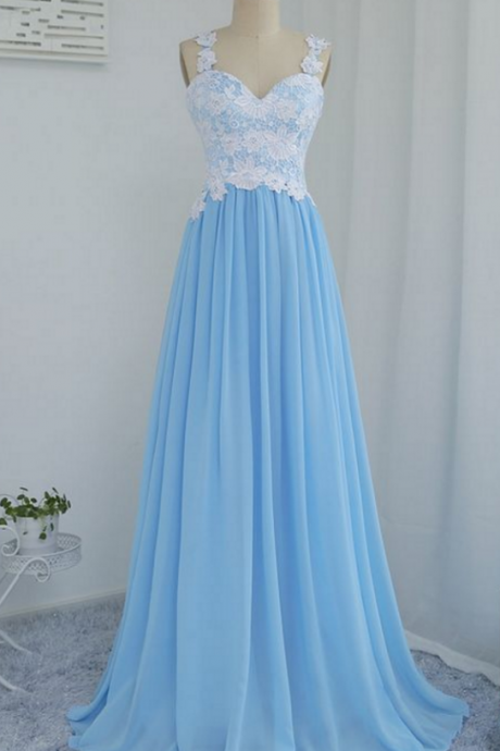 Blue Chiffon And Lace ,long Party Dresses, Pretty Prom Dresses, Junior Party Dresses ,floor Length Formal Dress, Custom Made , Fashion