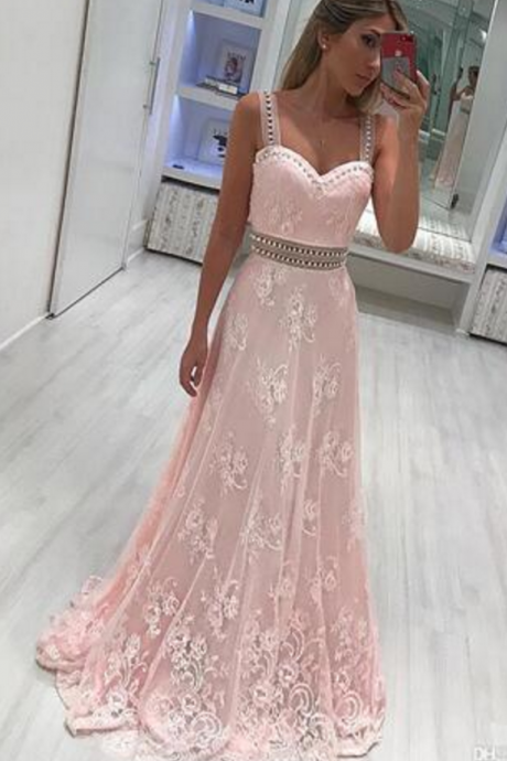 Light Pink Straps Sweetheart Long Prom Dresses A Line Tulle Lace Appliques Beaded Formal Evening Party Wear Vintage Special Wear