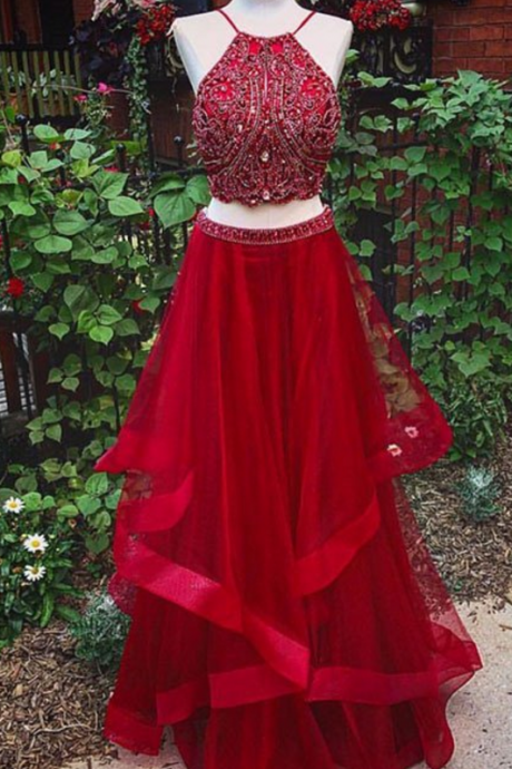 Red Two Pieces Sequin Long Prom Dress, Evening Dress