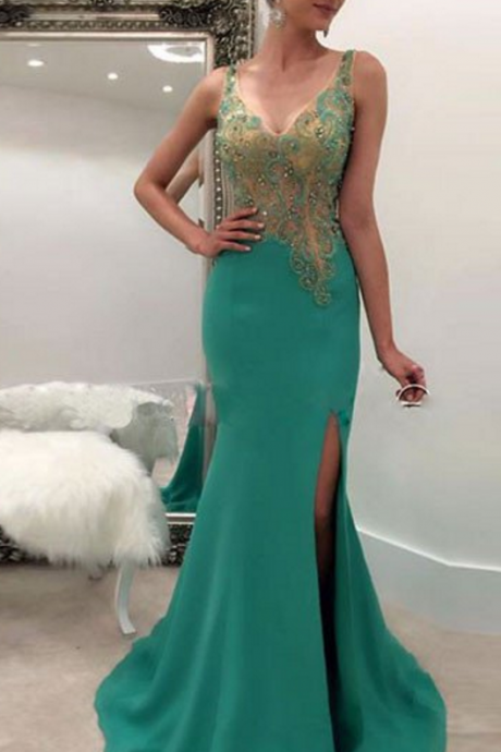 Prom Dresses,green V Neck Sequin Mermaid Long Prom Dress, Green Evening Dress