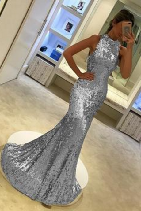 Silver Sequins Halter Long Mermaid Evening Gowns