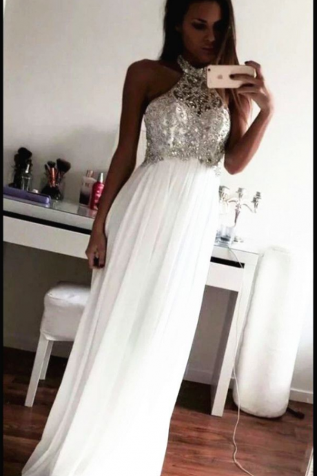 Beading Prom Dresses,charming White Evening Dress,white Prom Gowns,high Neck Prom Dresses