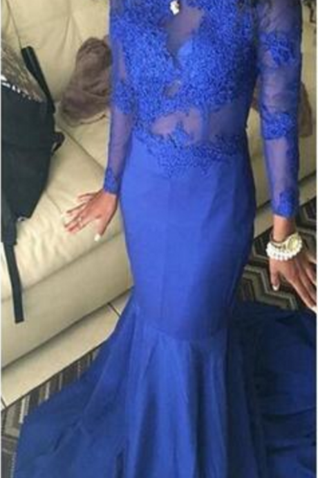 Sexy Plus Size Long Sleeve Prom Dresses African Royal Blue Prom Dresses Formal Evening Gowns Mermaid Dresses