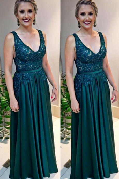 Hunter Green Long Prom Dresses V Neck Lace Chiffon Boho Arabic Evening Gown Plus Size Mother's Formal Wear Vestidos