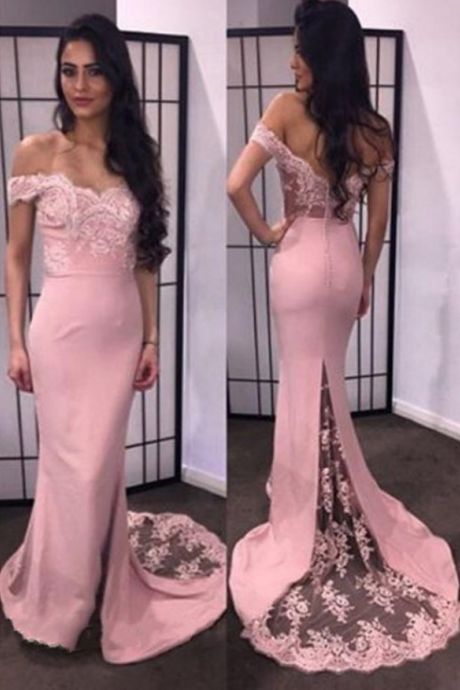 Pink Lace Mermaid Evening Dresses Off The Shoulder Slim Formal Gowns