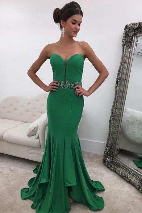 Prom Dress Elegant Green Long Mermaid Satin Sweetheart Beaded Belt Prom Dress Formal Evening Dress
