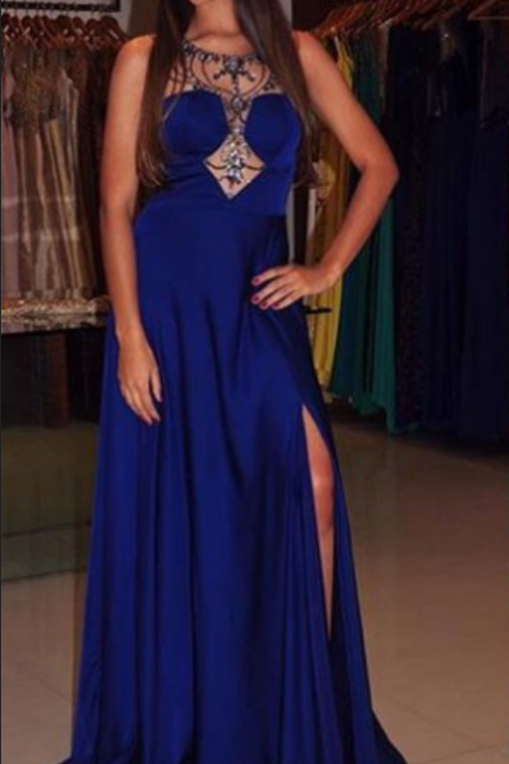 Blue Gorgeous Crystal High Slit Prom Dresses