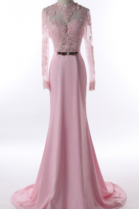 Pink High Neck Prom Dress, Fit And Flare Open Back Formal Gown With Long Sleeve