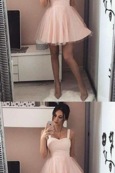A-line Straps Above-knee Pink Satin Tulle Homecoming Dress