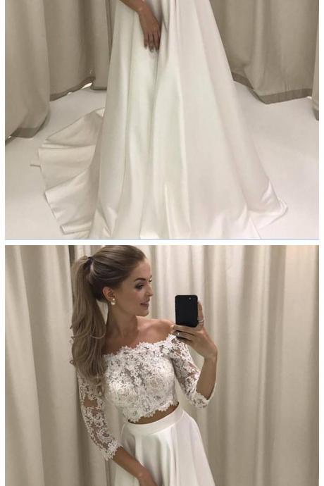 White Lace Prom Dress, Two Pieces Prom Dresses, Lace Sleeves Prom Dresses, A-line Long Prom Party Dresses, Senior Prom Dresses